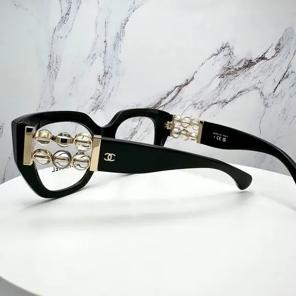 New CHANEL Eyeglasses Black Gold Cat Eye Clear Rotating Pearls 52mm - Picture 9 of 15